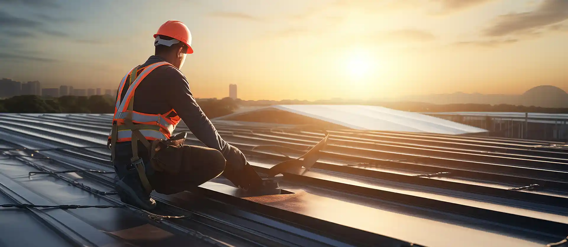 roofer on top of metal commercial roof